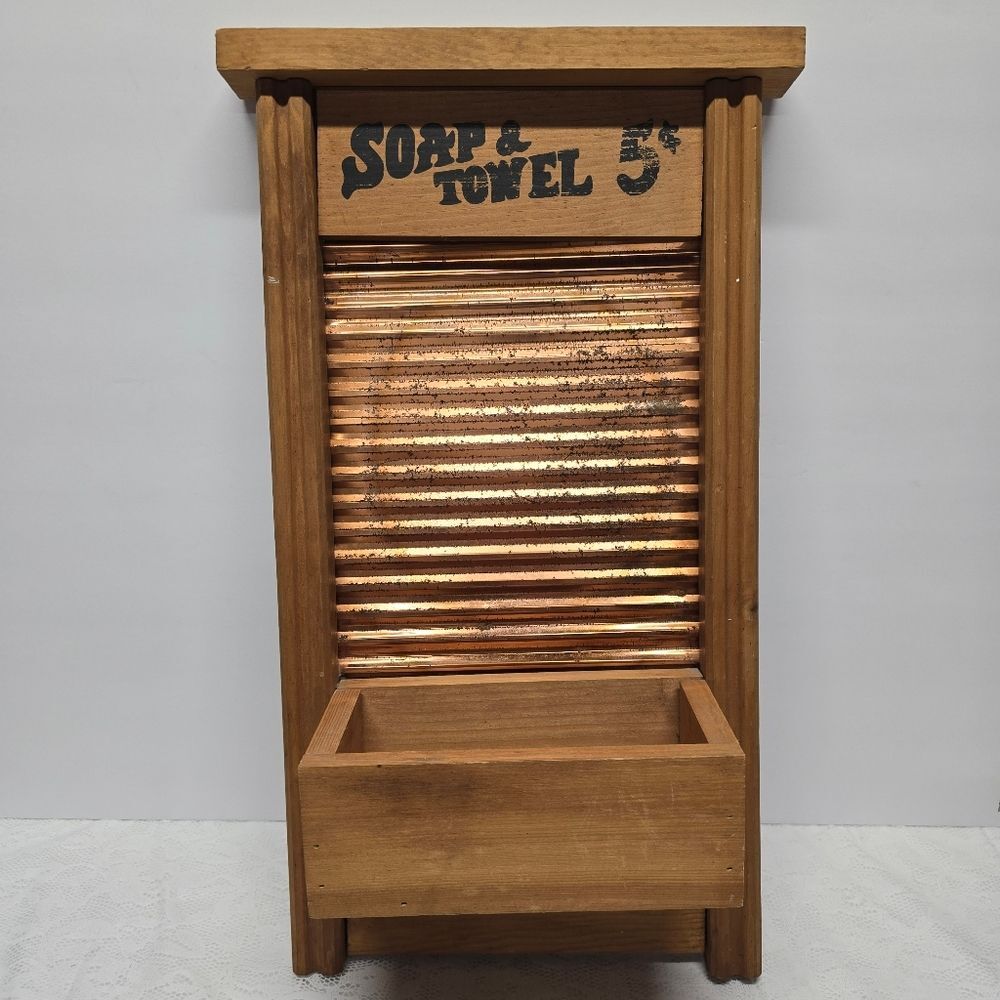 Vintage 5 Cents Soap & Towel Wash Board Wooden Plaque Wall Shelf